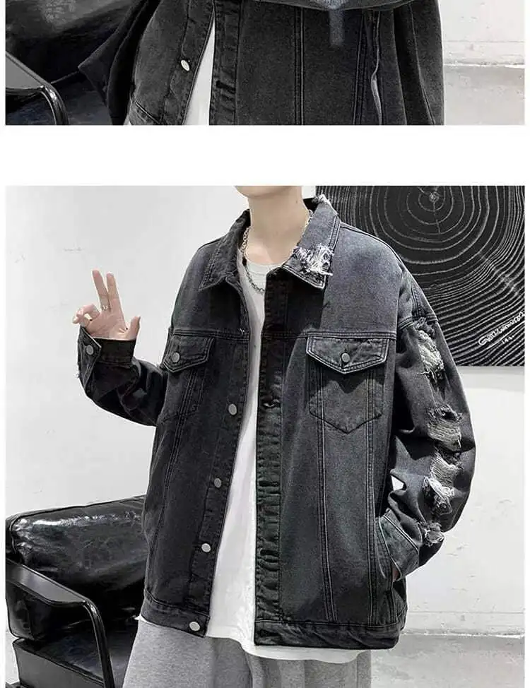 Spring Autumn Ripped Denim Jackets Men's Causal Loose Oversize Handsome High Street Overcoat Men Tops Male Clothes