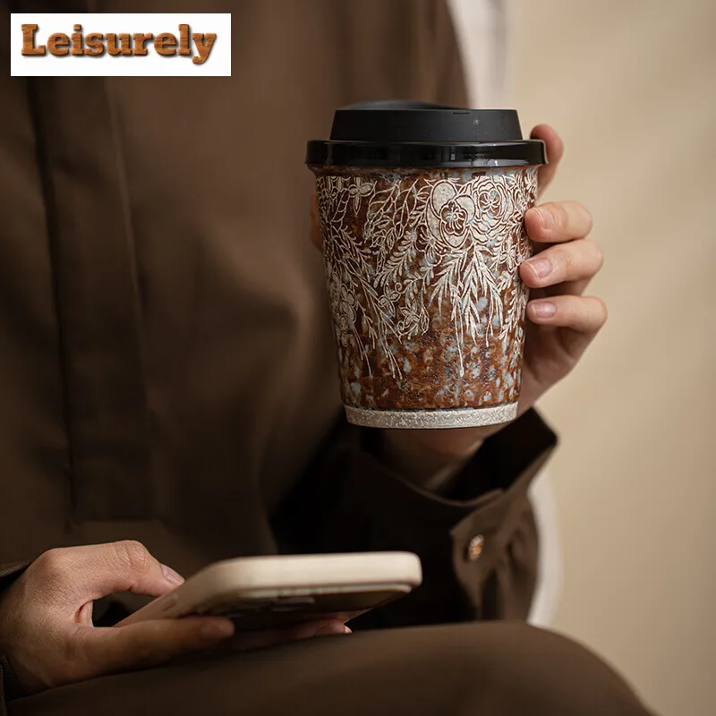 330ml Retro Old Rock Mud Coffee Mug Flower Gilded Silver Office Water Cup Large Coarse .water Coke Mug Couple Handgrip Cup Gifts