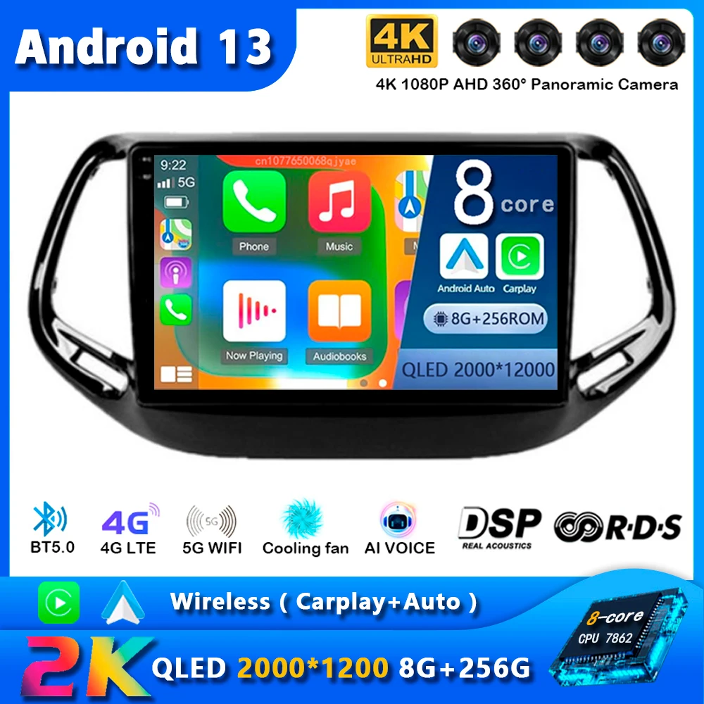 

Android 13 Car Radio For For Jeep Compass 2 MP 2016 2017 2018 Navigation GPS Multimedia Player Stereo WiFi+4G Carplay video DSP