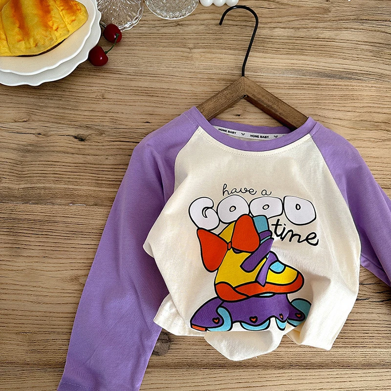 Loose Bottoming Shirt Contrast Cartoon Cute T-shirt 0-13Years Boys Girls Spring Clothing Kids Long Sleeve Casual Sports Tops