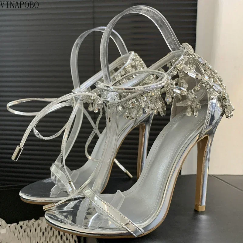

Eilyken Silver Peep Toe Thin High Heels Rhinestones Sandals Women Fashion Buckle Strap Crystal Wedding Party Female Shoes