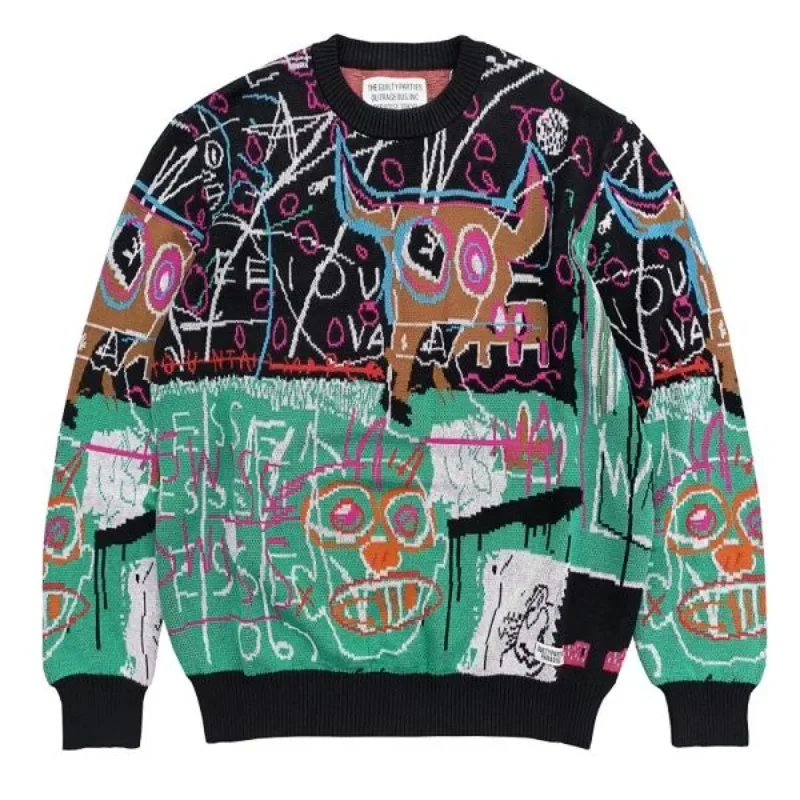 

New O-Neck Graffiti Jacquard WACKO MARIA Knit Sweater Men Women Couple Clothing Hip hop