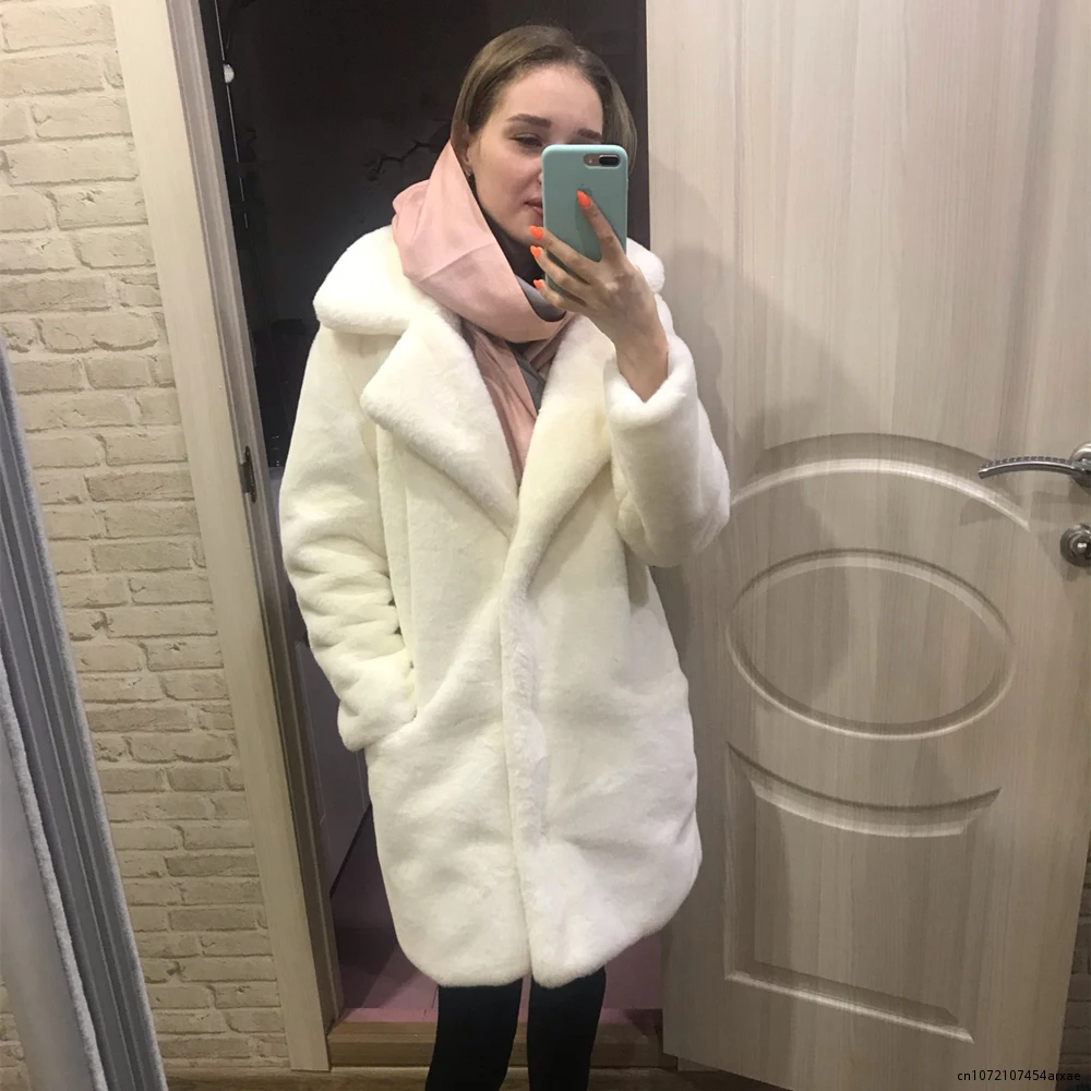 

Faux Fur Coat Winter New Fashion Women Female Black Elegant Fluffy Thick Warm Artificial fox Fur Jacket Outerwear