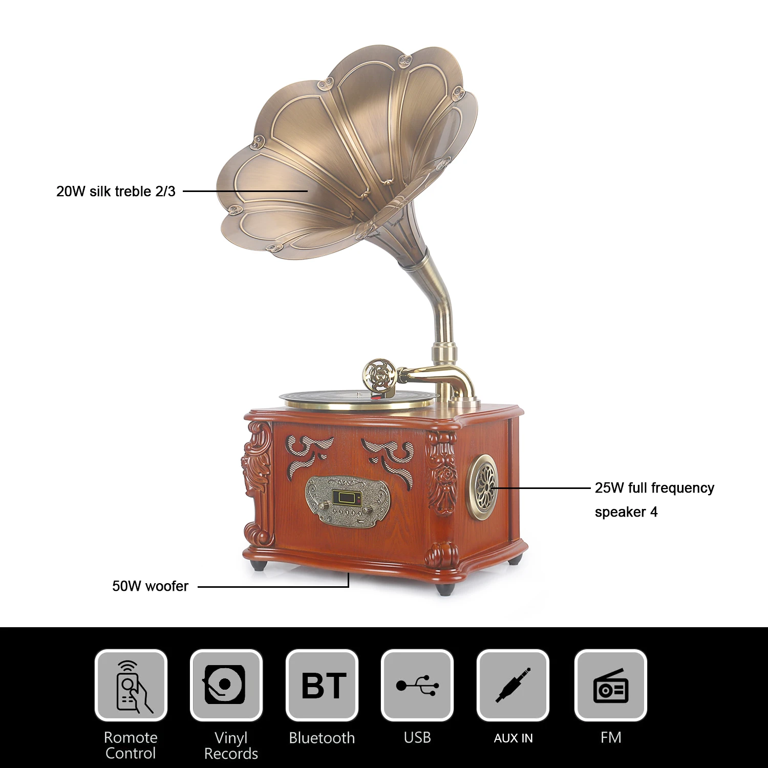 레트로 우드 혼 그래모폰 턴테이블 33/45 RPM 바이닐 재생 및 블루투스 스피커 포함