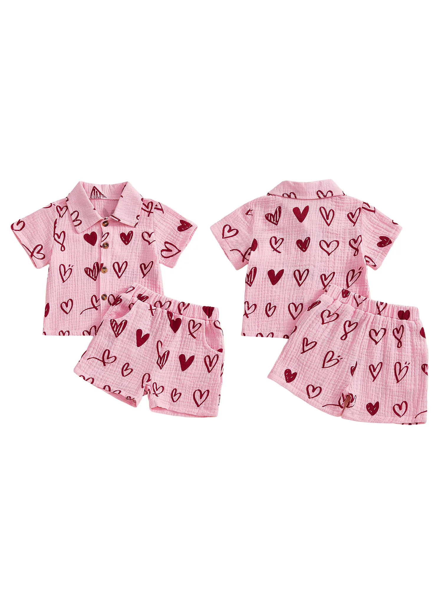Toddler Boys Valentine’s Day Outfit Heart Print Short Sleeve Shirt with Elastic Waist Shorts Summer Outfit