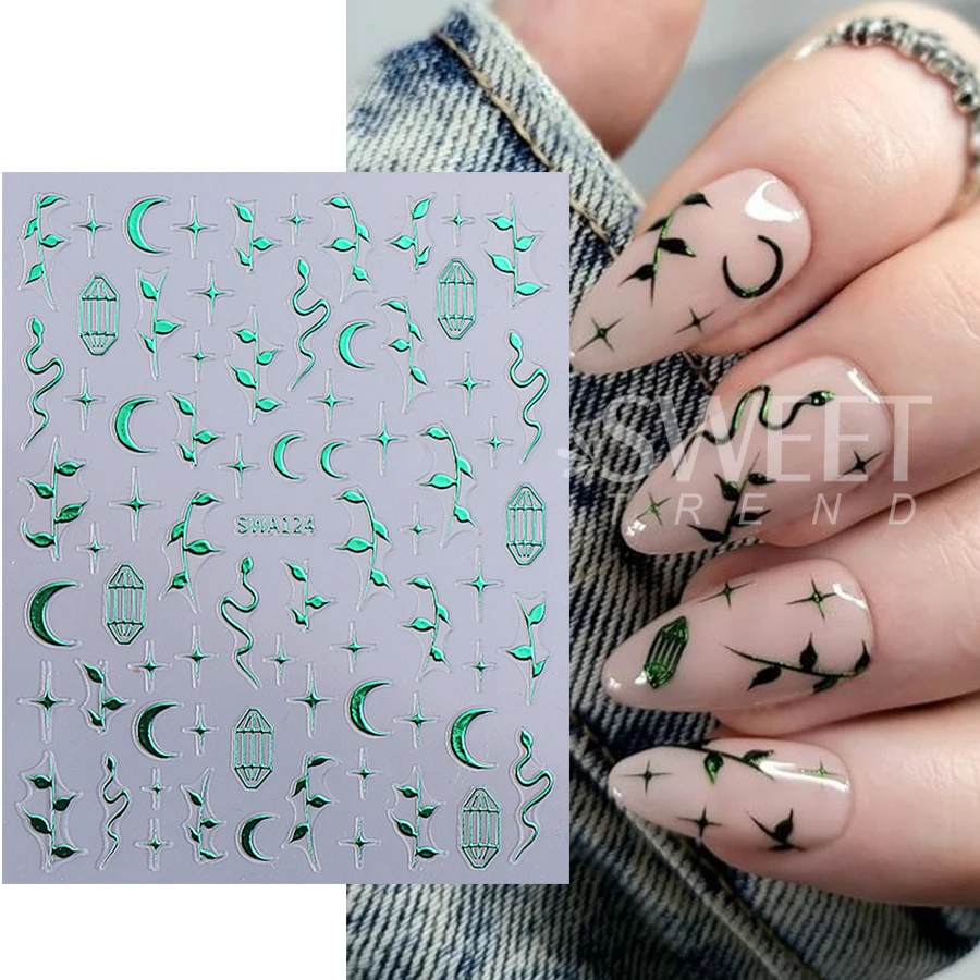 2pcs Metallic Snake Nail Stickers 3D Green Gold Leaves Stars Moon Line Design Nail Decals DIY Holographic Manicure Slider Decor