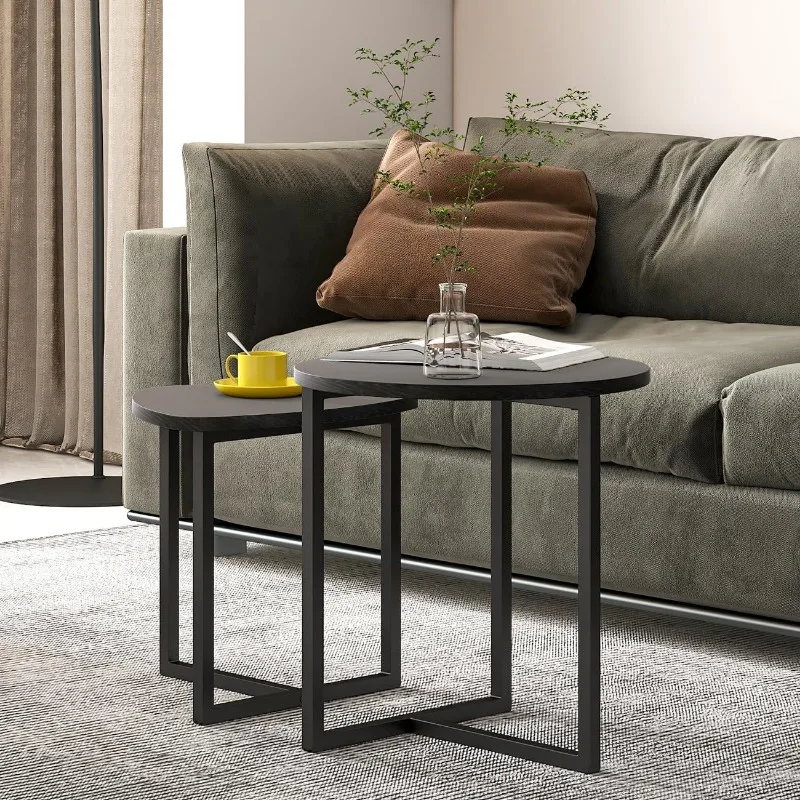 Round Coffee Table Set of 2 End Tables for Living Room,Black Small Coffee Table Living Room 3