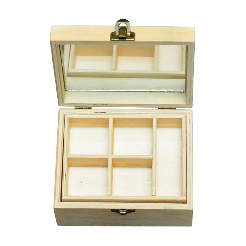 Natural Plain Wood Jewelry Box Unfinished Wooden DIY Craft Gadgets Gift Jewelry Decoupage Storage Organizer Boxes with Mirror