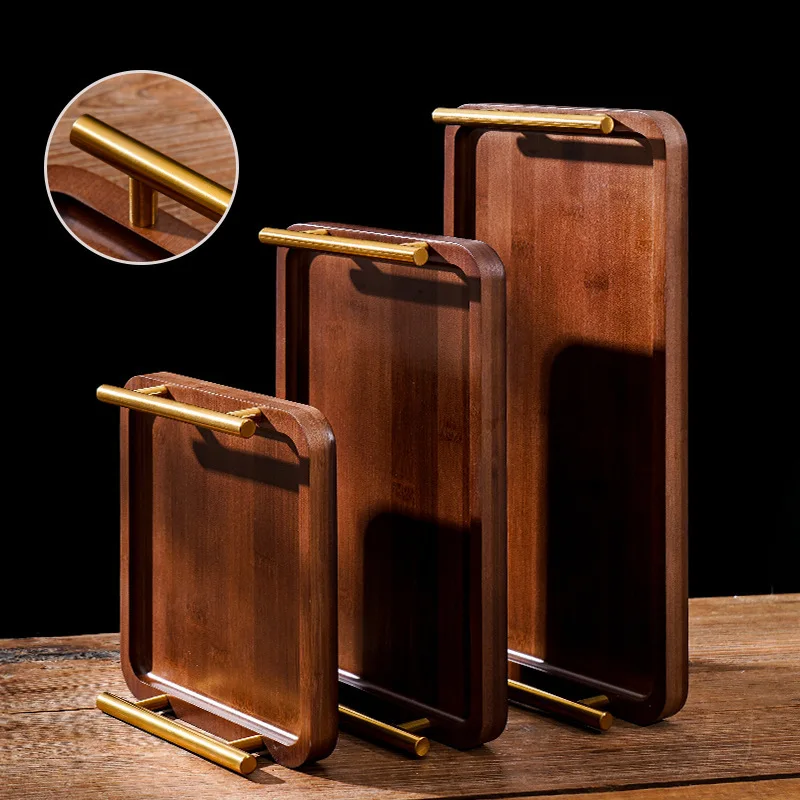 Wooden Tray with Golden Metal Handle for Water Cup Fruit Food Bread Sundries Serving Tray Household Organizer 5
