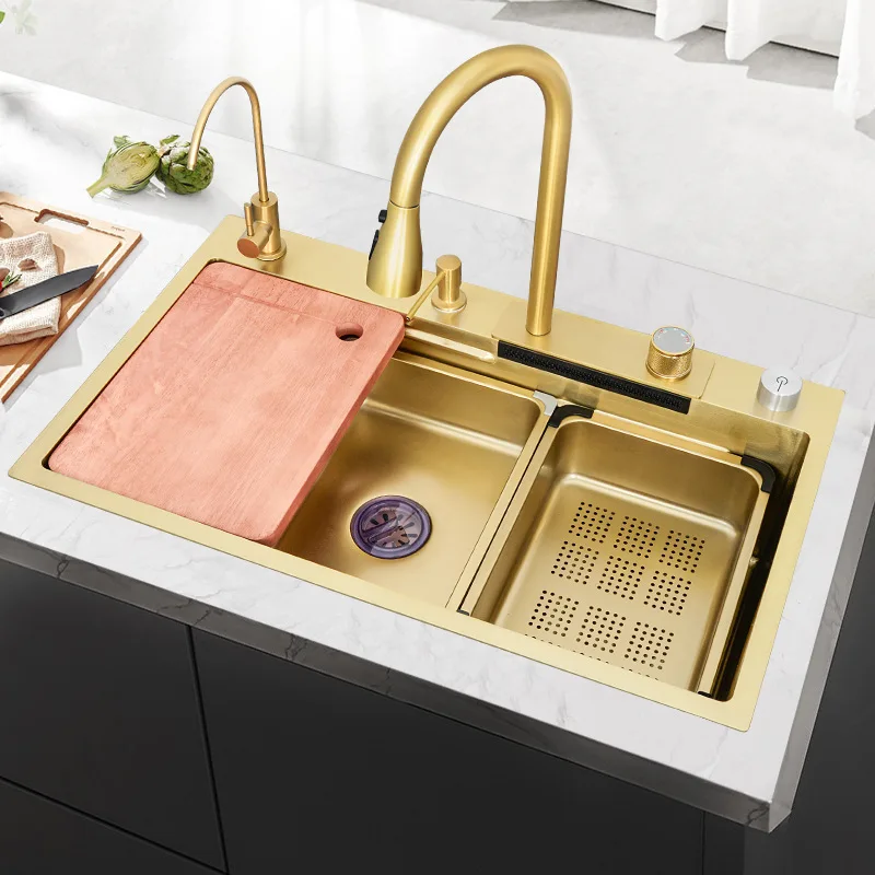 Golden Nano Multifunctional Kitchen Sink 4 Mode Waterfall Faucet Large Single Bowl Soap Dispenser Pure Tap Cup Washer SUS304
