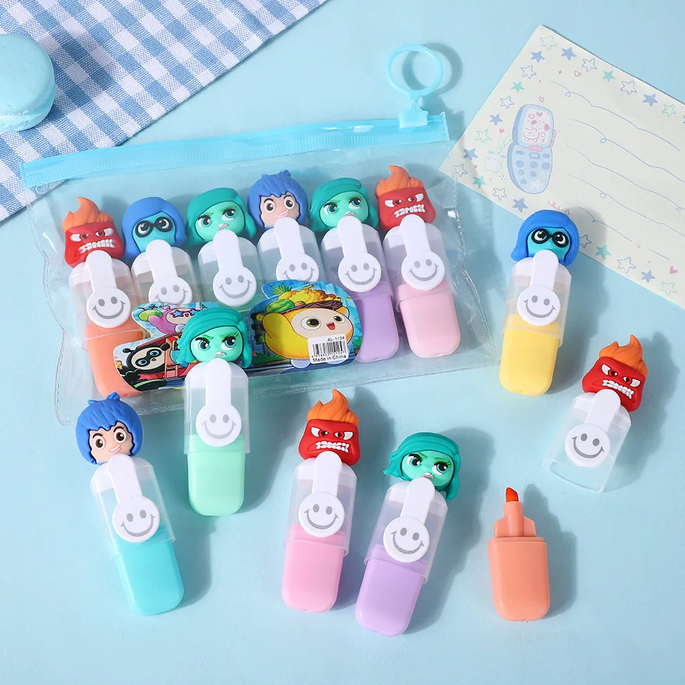 6pcs Disney Inside Out Doll Bagged Mini Highlighter Cartoon 6color Diy Handbook Pen Student Marker Supplies Stationery