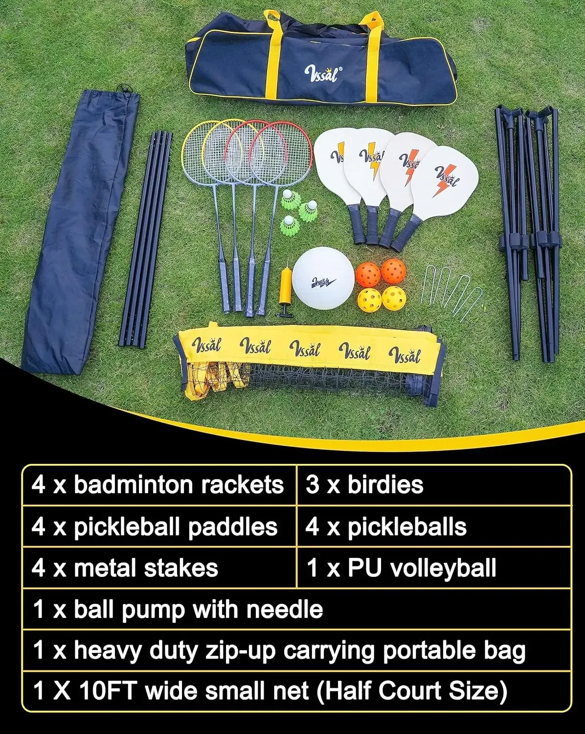 Portable All-in-One Badminton, Pickleball and Kids&rsquo; Volleyball Net Set Half Court (10ft Wide x 7ft max Height) Small Outdoo