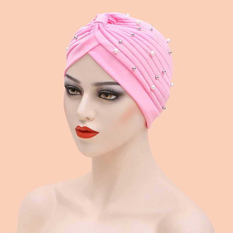 African Headwrap Ladies Head Wraps India Hat Hijabs Cap Women Beaded Turban Bonnet Soild Color Cotton Turban Hat Inner Hijab Cap