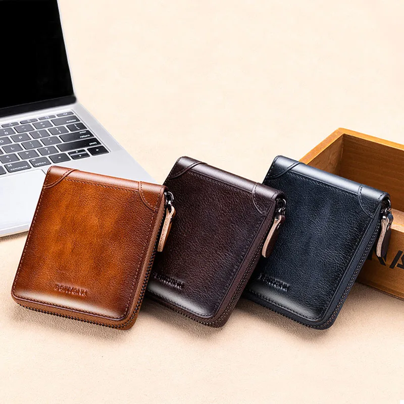 Men's Leather Wallet Zipper Small Purse Card Holder Man Carteira Masculina genuine leather Coin Purse Porte Monnaie Money Bag