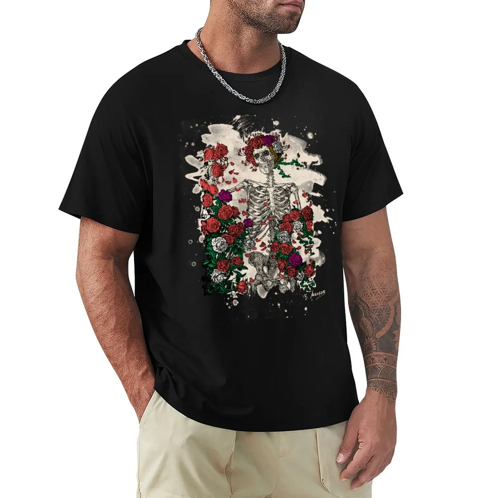 

Skeleton & Roses - bleached look T-Shirt summer top tees tshirts for men