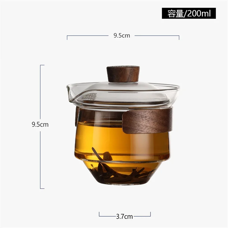 Walnut Wood Scald Proof Holder Heat-resistant Glass Gaiwan Tea Tureen Sancai Cup Tea Set Chahai Kung Fu Cup with Lid