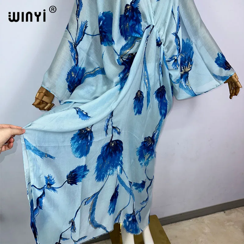 WINYI new summer High fork sexy gild print dress Women kaftan Bohemia long Sleeve kaftan Ladies Fashion beach Cover Up vestidos