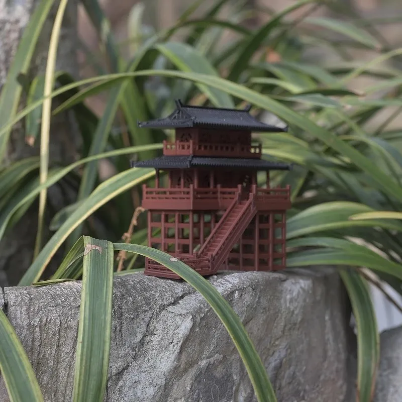 Handmade 3D Printed Ancient Chinese Landscape Decor - Two-Tiered Stilted Pavilion ，for Fish Tank/Terrarium/Bonsai Tree Display