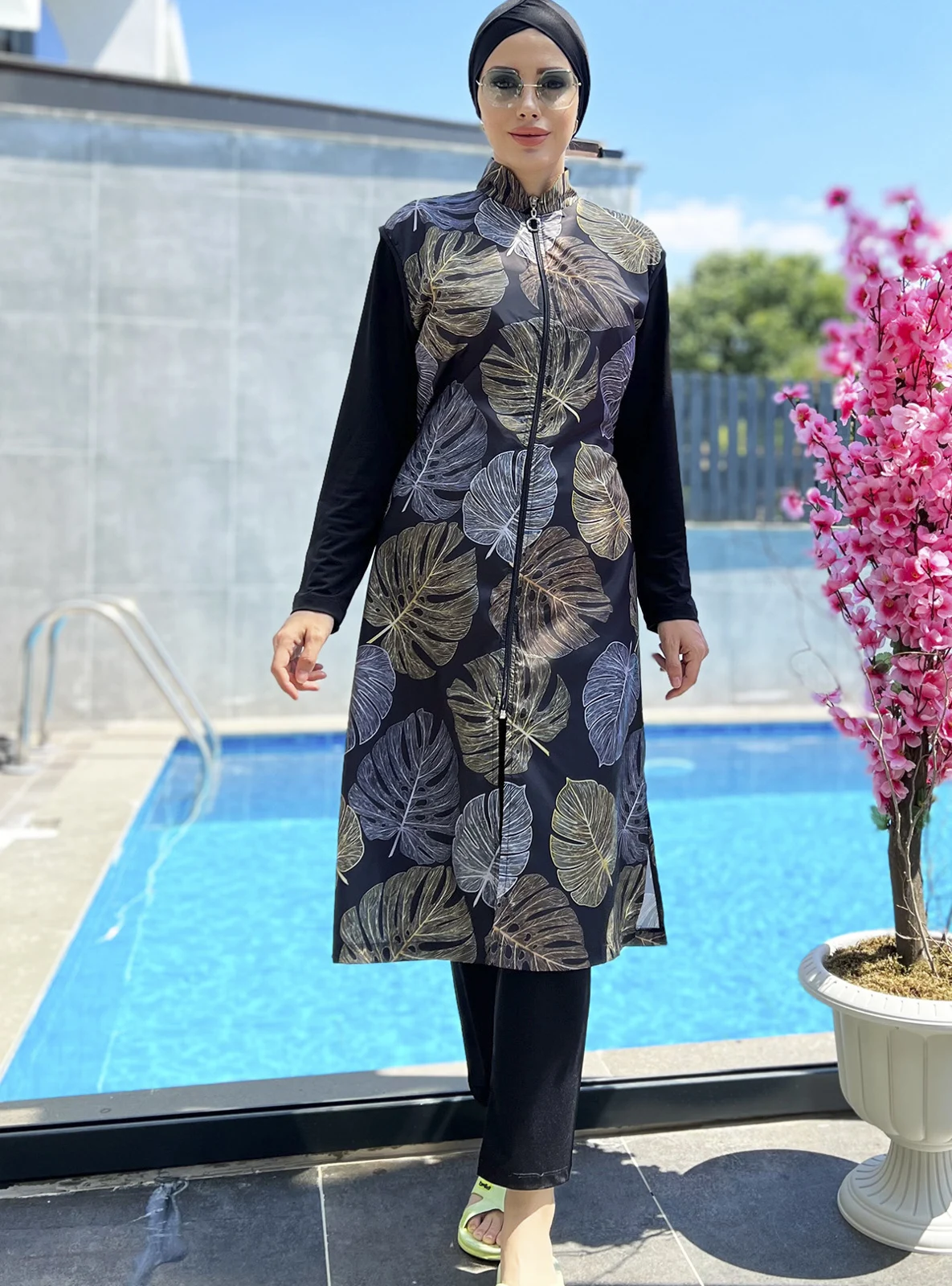 3 Teile/satz Burkini Muslimischen Lange Badeanzug Blumen Druck Lange Ärmeln Lange Badeanzug Hohe Elastizität Haut Freundliche UPF50-UV Schutz – Detail 4