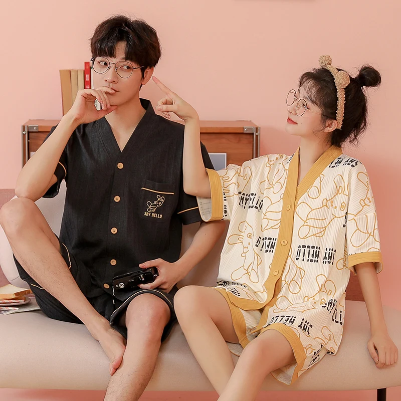 New Sleepwear Couple Men and Women Matching Home Suit Cotton Pjs Lover Leisure Nightwear Pajamas for Summer Casual Home Clothing new short sleeve sleepwear couple men and women matching home set cotton pjs cartoon prints leisure nightwear pajamas for summer