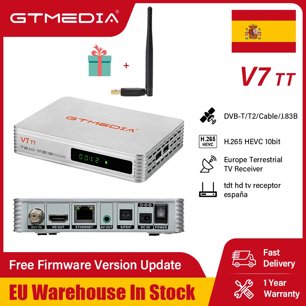 

GTMEDIA V7 TT Terrestrial TV Receiver DVB-T/T2 TDT HD España 2024 Decoder H.265 HEVC 10Bit Tuner DVB-C/J. 83B,CCAM With USB WIFI