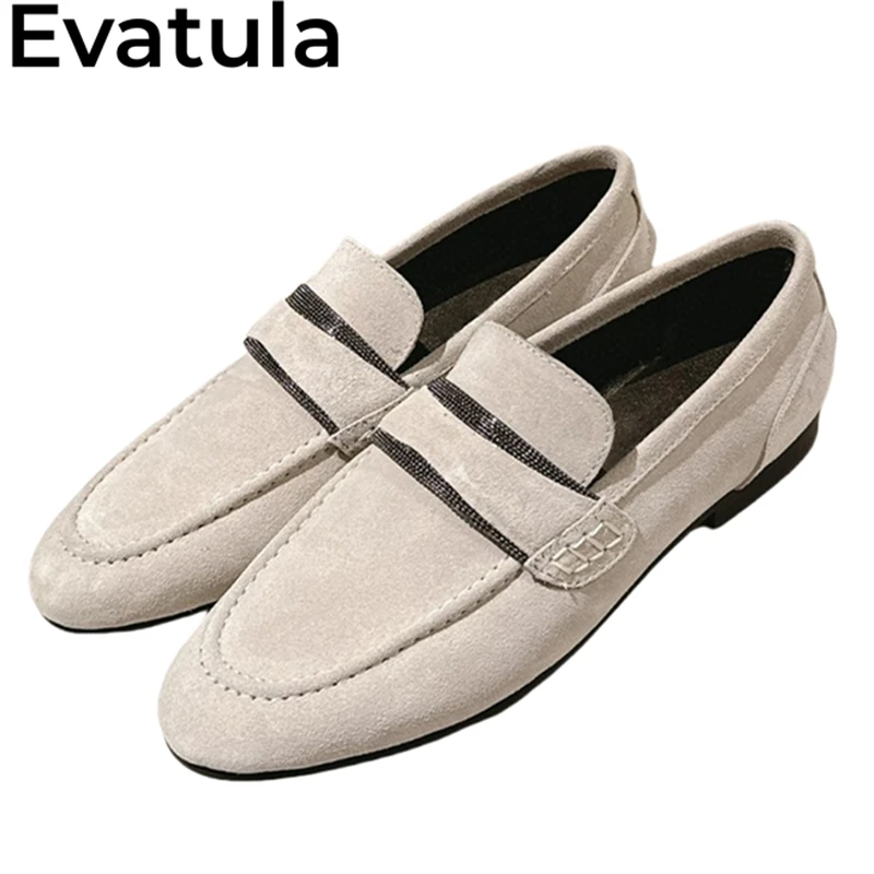 

2024 весенние замшевые кожаные лоферы на плоской подошве, женские туфли с круглым носком, на шнуровке, с бусинами, слипоны, однотонные туфли, Повседневная прогулочная обувь для женщин