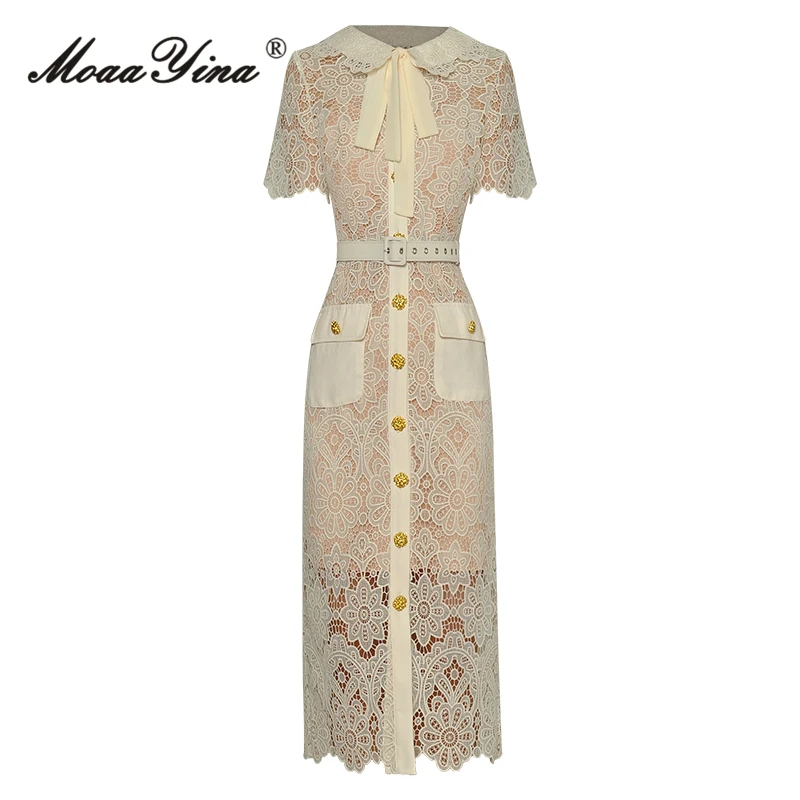 

MoaaYina Summer Fashion Designer Vintage Package Buttocks Dress Women O-Neck Bow Single Breasted Sashes Pocket Khaki Midi Dress