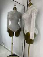 Luxury White Pearls Stretch Leotard Women Nightclub Show Bodysuit Prom Dress Long Sleeve K-Pop Performance Costumes Dropshipping - Image 4