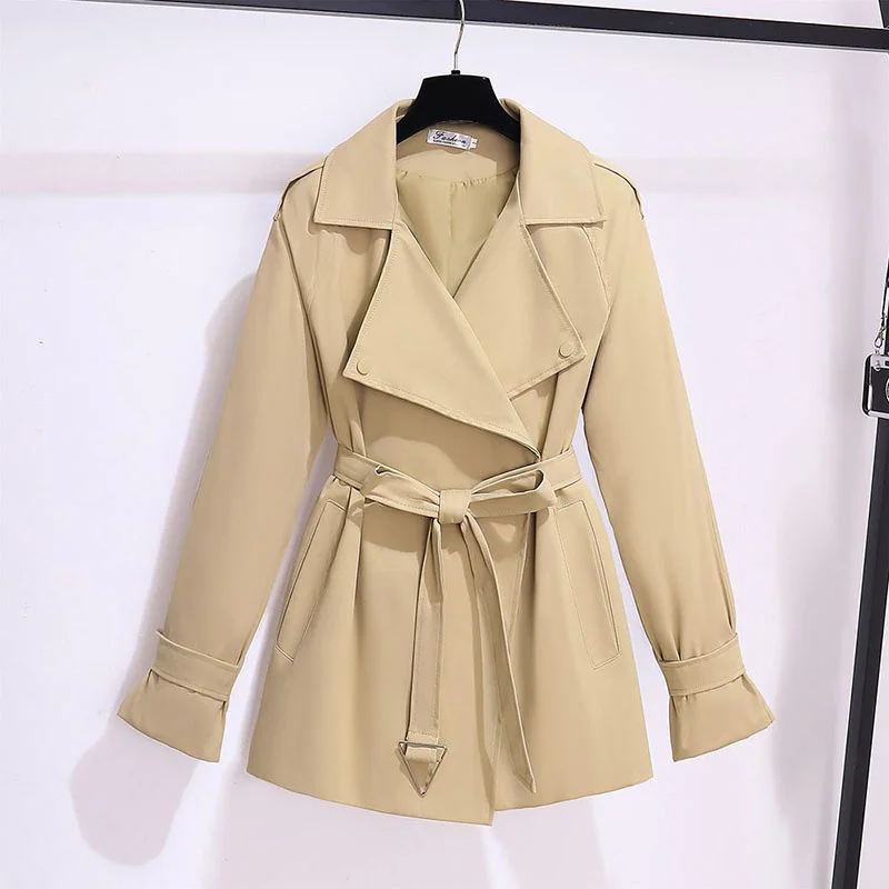 

Korean Women Khaki Short Trench Coat With Belt Spring Autumn New Lapel Long Sleeve Loose Casual Female Windbreaker Coat Black