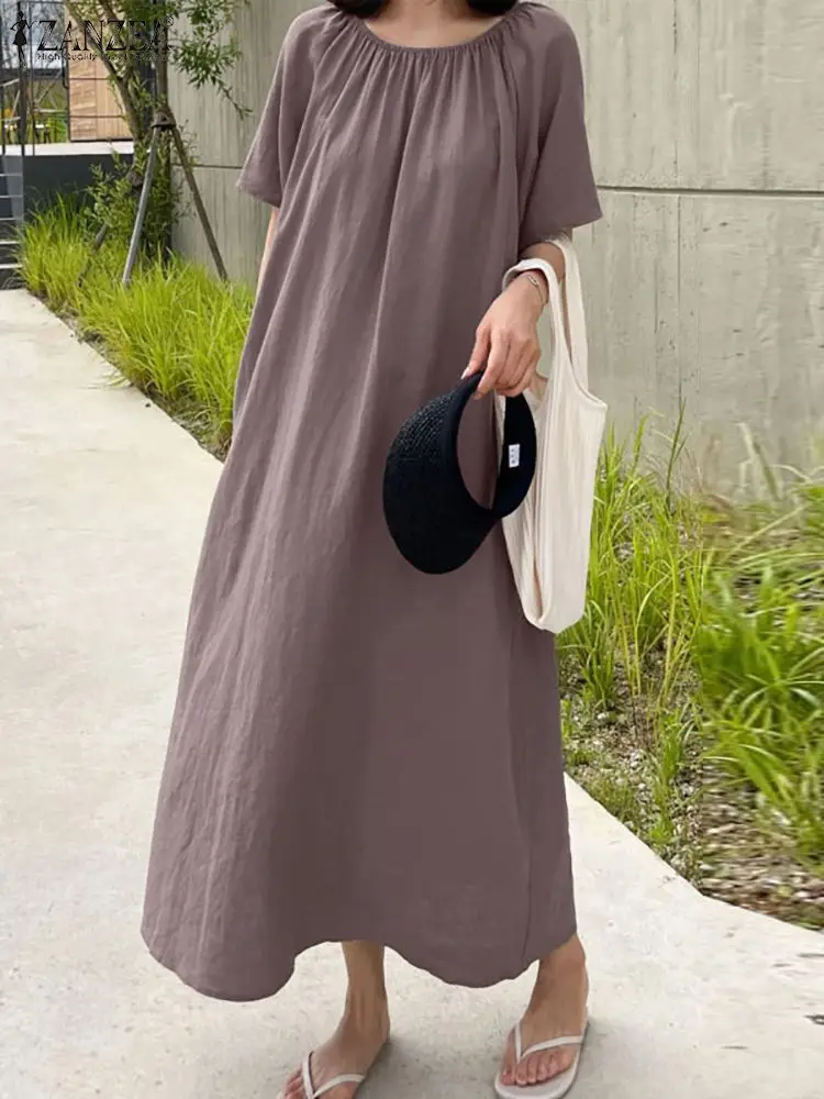 

ZANZEA Summer Long Dress Women Elegant Maxi Sundress O-Neck Solid Robe Casual Puff Sleeve Holiday Dresses Fashion Work Vestidos