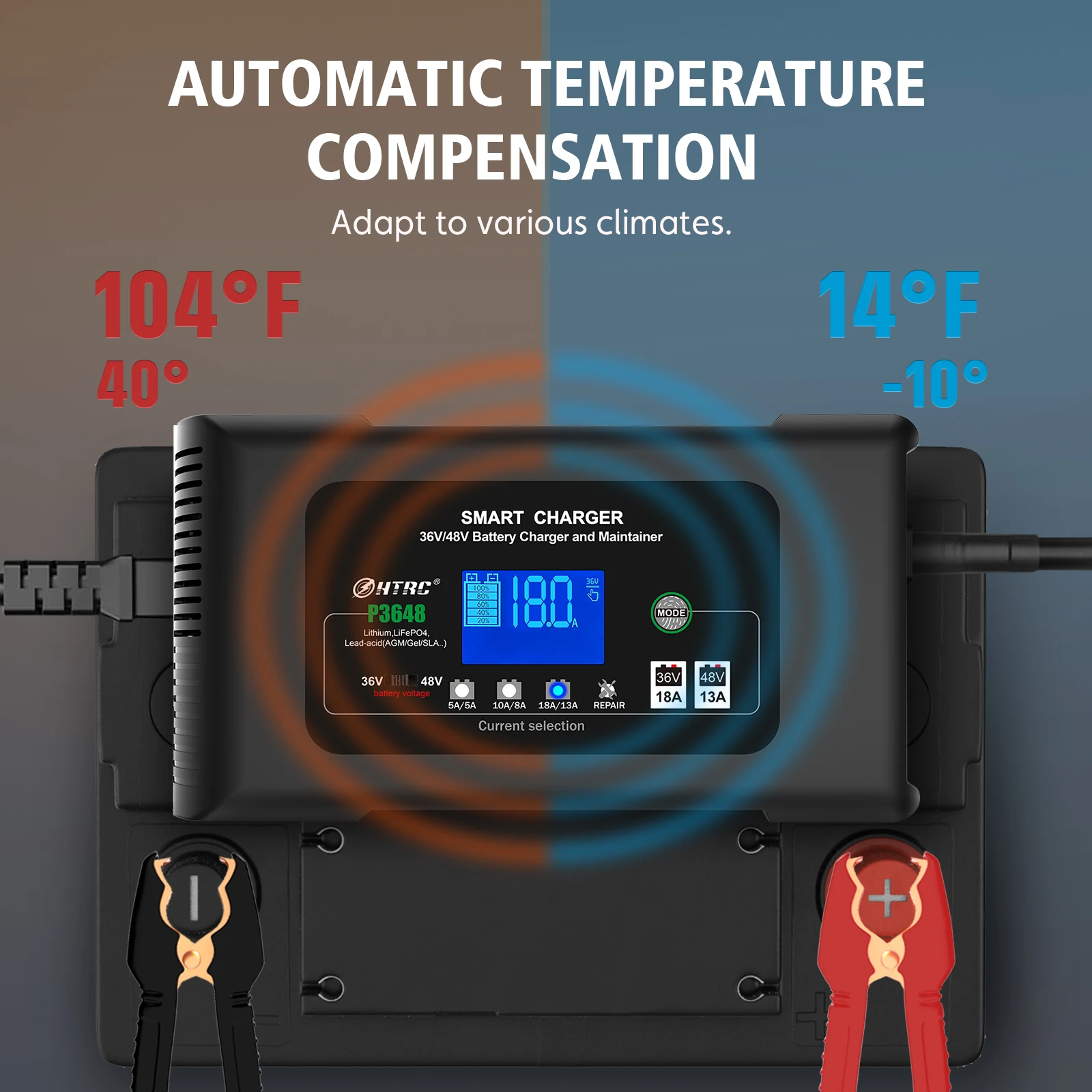 HTRC 36V/48V 18암페어 골프 카트 배터리 충전기 리튬 LiFePO4 납산 배터리용 EZ-GO TXT RXV 야마하 클럽 카 메달리스트