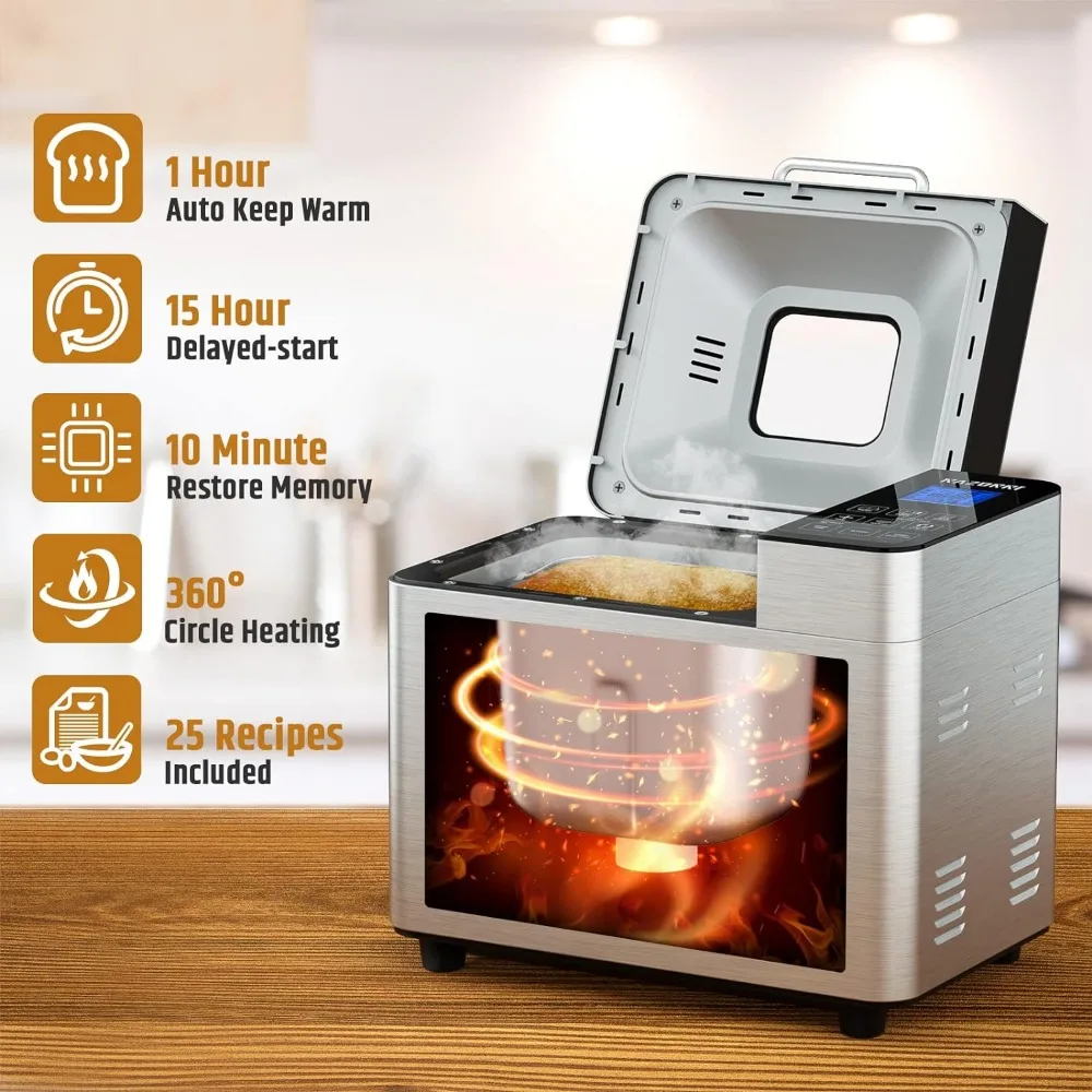Bread Maker Machine Stainless Steel UL Certified, Nonstick Bread Pan, Homemade 2Lbs Breadmaker, Gluten-Free Setting 4