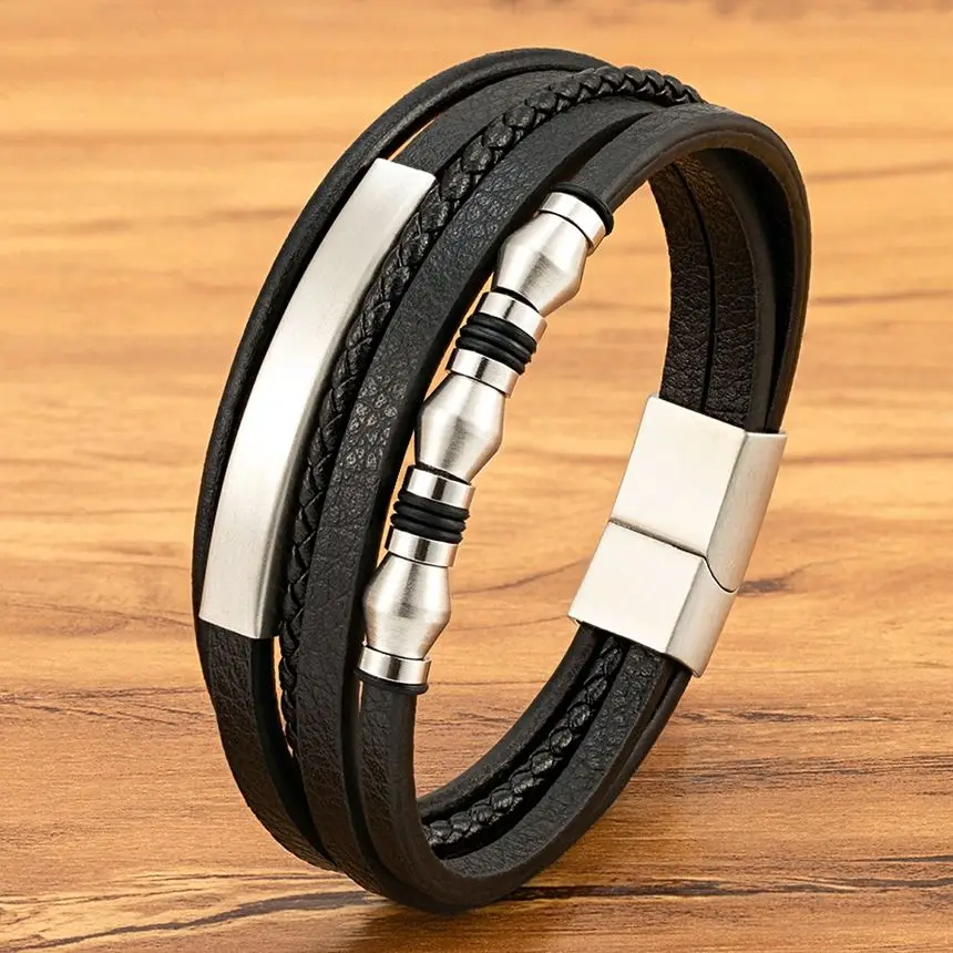 XQNI Lederarmreif, mehrschichtig, Edelstahl, Metall, Herrenarmband, Herrenschmuck, beste Geschenke für Geburtstag, Hochzeit, Magnetverschluss