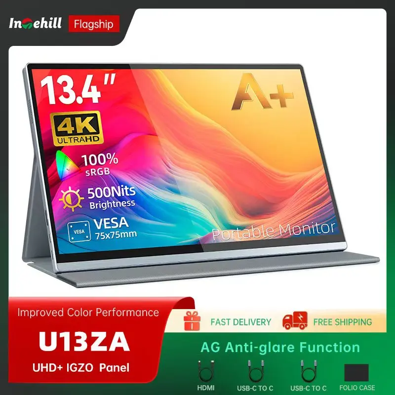 Intehill 13.4inch 4K+ Portable Monitor 3840*2400 U13ZA For XBox PS4/5 Switch Laptop Cell Phone PC Extension 500nits 100% sRGB
