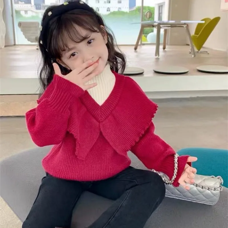 

Girls Sweater Wool Coat Kids Tops Knitting 2022 Red Thicken Warm Winter Autumn Toddler Cottons Children's Clothing