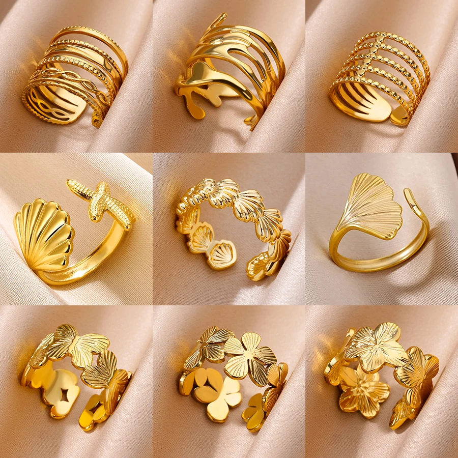 Edelstahl-Blumenringe für Frauen, goldfarben, Muschel, Seestern, mehrschichtig, aushöhlen, Ring, modischer Charme, Schmuck, Hochzeitsgeschenke – Detail 2