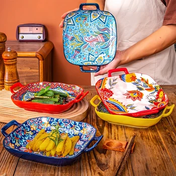 1 pezzo di piatto per insalata in stile bohémien da 9 pollici con piatto per pasta in ceramica a doppio orecchio, può essere utilizzato per forno, microonde 1
