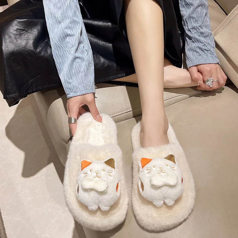 2023 New Autumn and winter fashion cross fluffy slippers women's indoor and outdoor one word flat cotton slippers ATD207