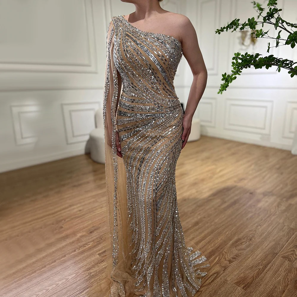 Evening Dresses Women One Shoulder Beaded Mermaid