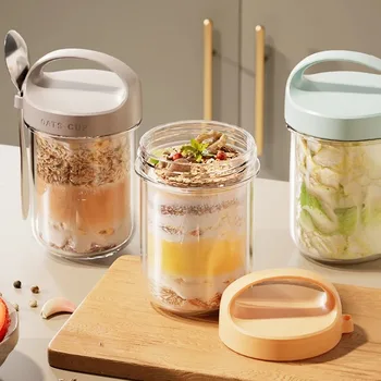 Bicchiere da avena notturno da 430 ml in vetro con coperchio e cucchiaio sigillo per alimenti, colazione, tazza portatile per cereali, latte, insalata, yogurt, articolo da cucina 1