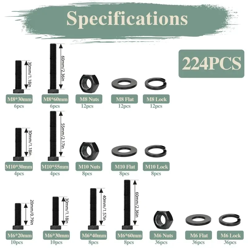 Hex Head Bolts and Nuts Kit 224 M6 M8 M10 Heavy Duty Flat Washer and Non-slip Washer Combination