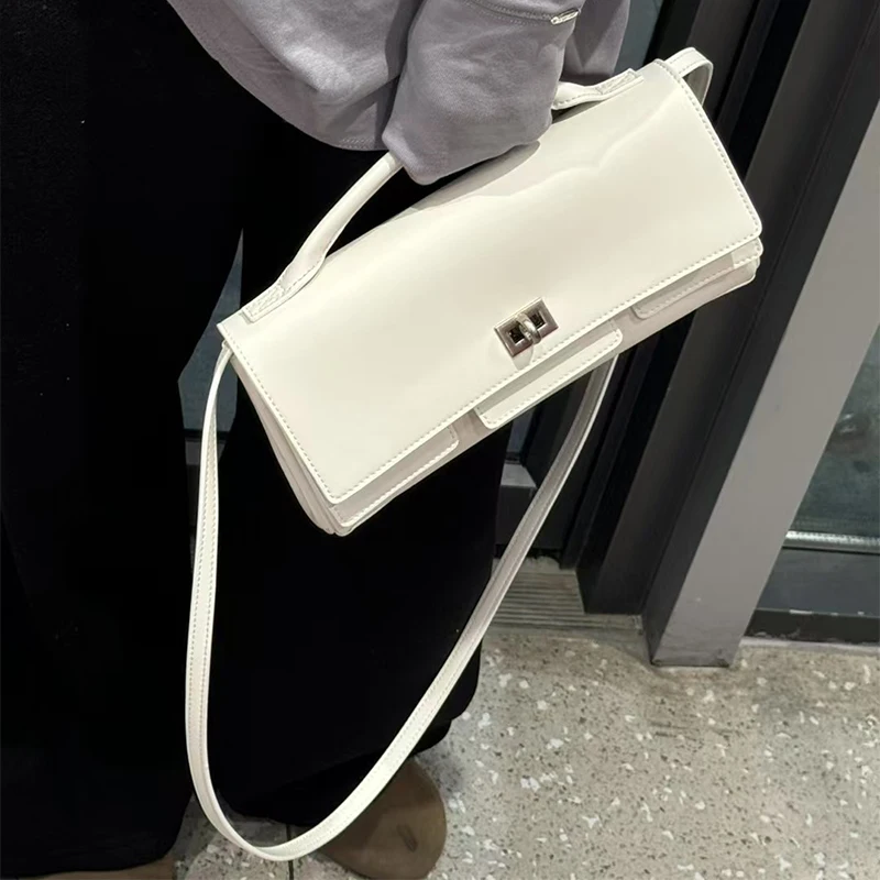 Brand Lock Design Motorcycle Bag Soft Cowhide Shoulder Messenger Bag High-end Horizontal Hand-held Clutch Bag Women Underarm Bag 4