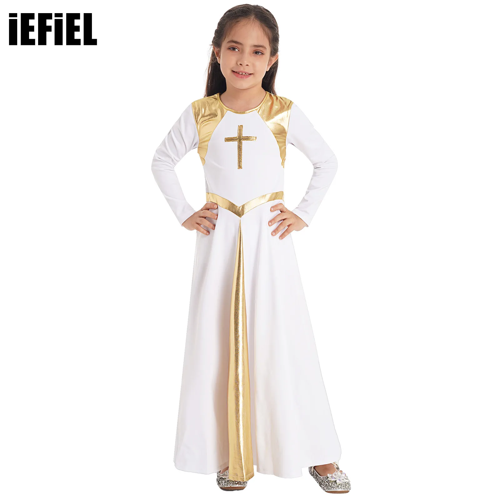

Kids Girls Metallic Shiny Contrast Color Cross Pattern Dance Dress Long Sleeve Round Neck Church Party Dresses