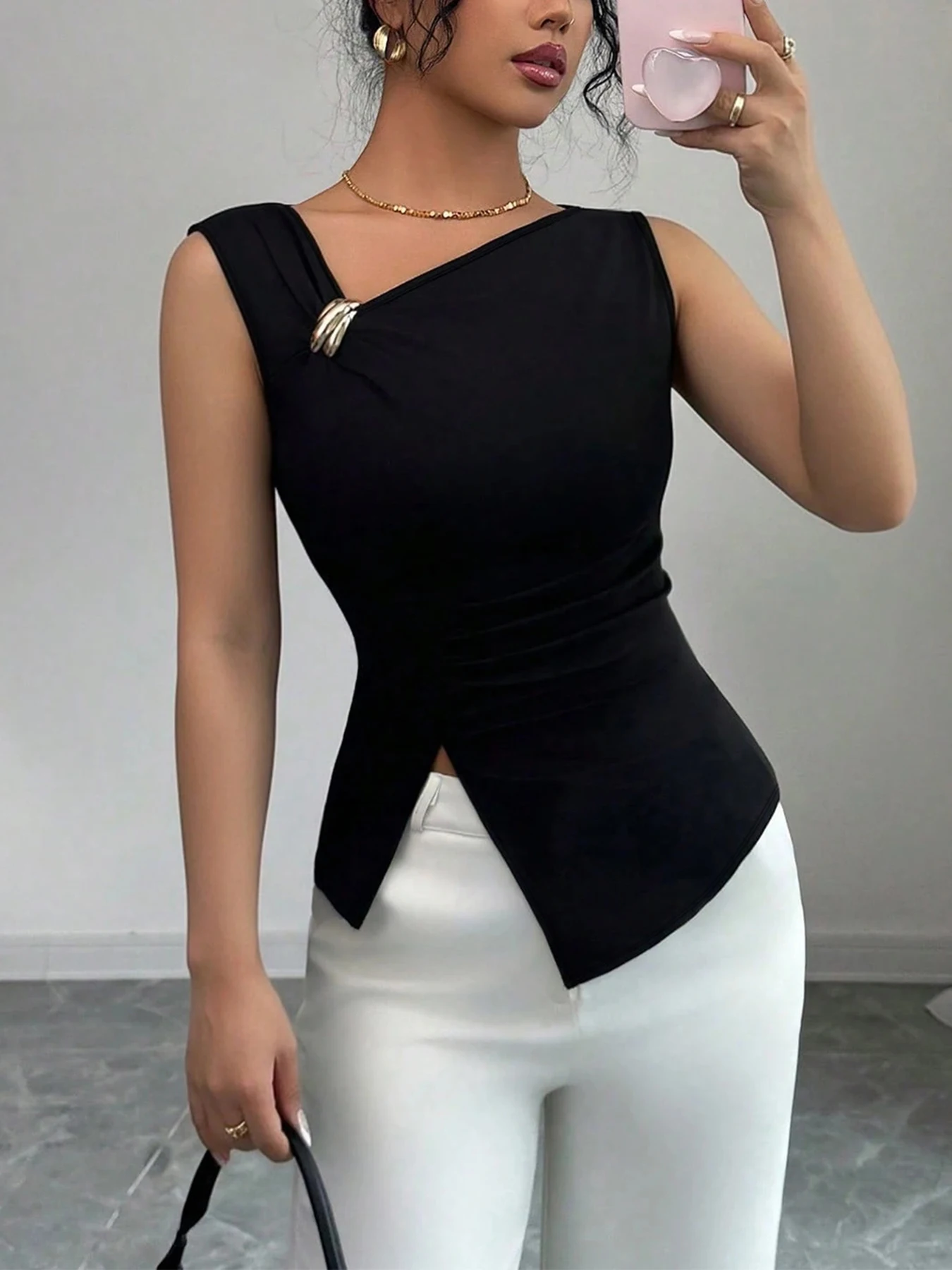 Womens Tank Top Asymmetric Ruched Split Decor Tank Top Ruched Blouse Fitted Elegant Chic Apparel Tops Spring Summer Daily Shirts 5