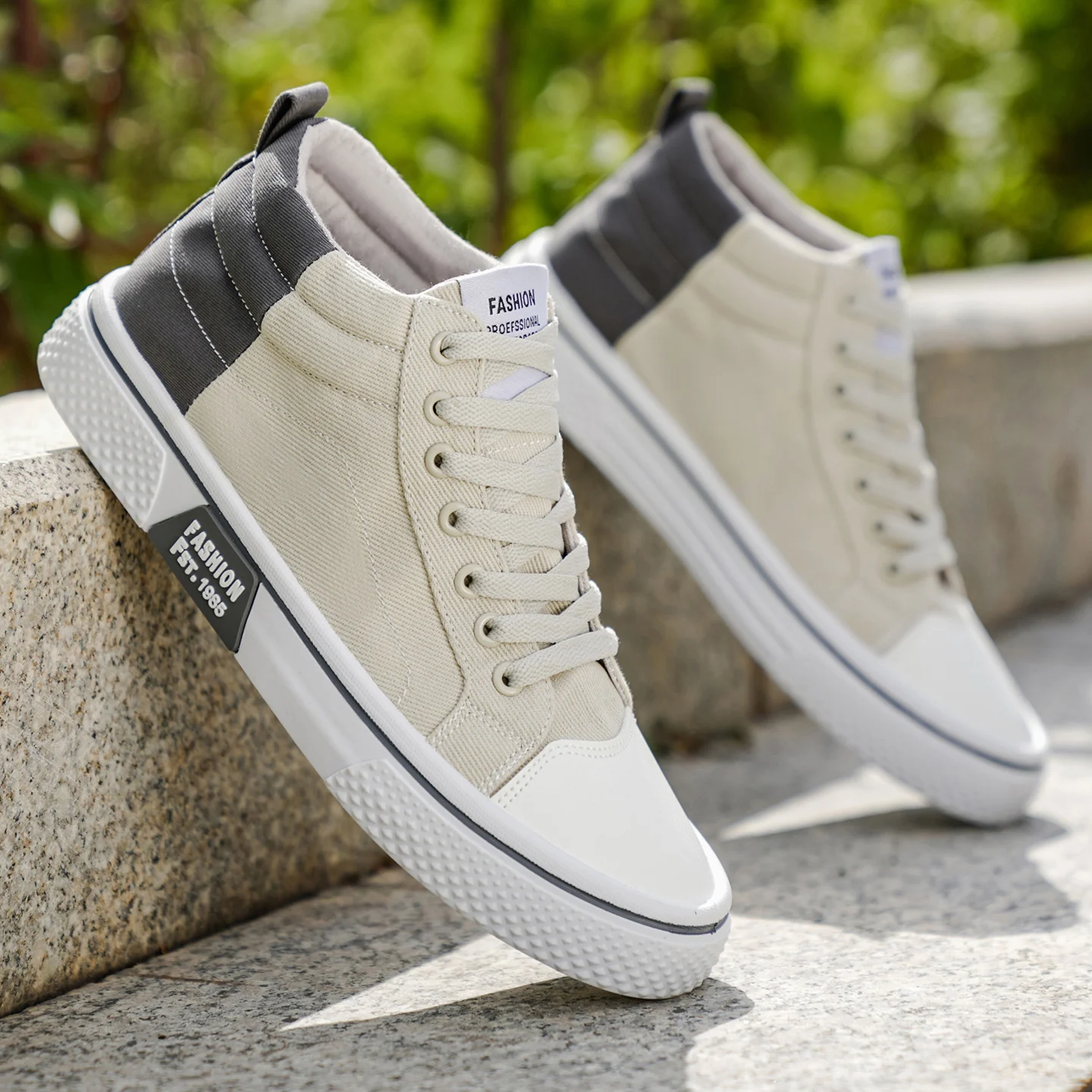 Men's canvas shoes, fashionable and trendy, mid-top, comfortable, suitable for outdoor hiking, lightweight, blue and beige, vers - Image 2