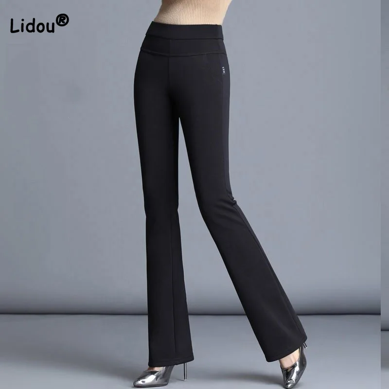 Spring Autumn Office Lady Solid Color Trousers Casual Elastic High Waist Splicing Pockets Slim Micro Horn Long Pants Womens