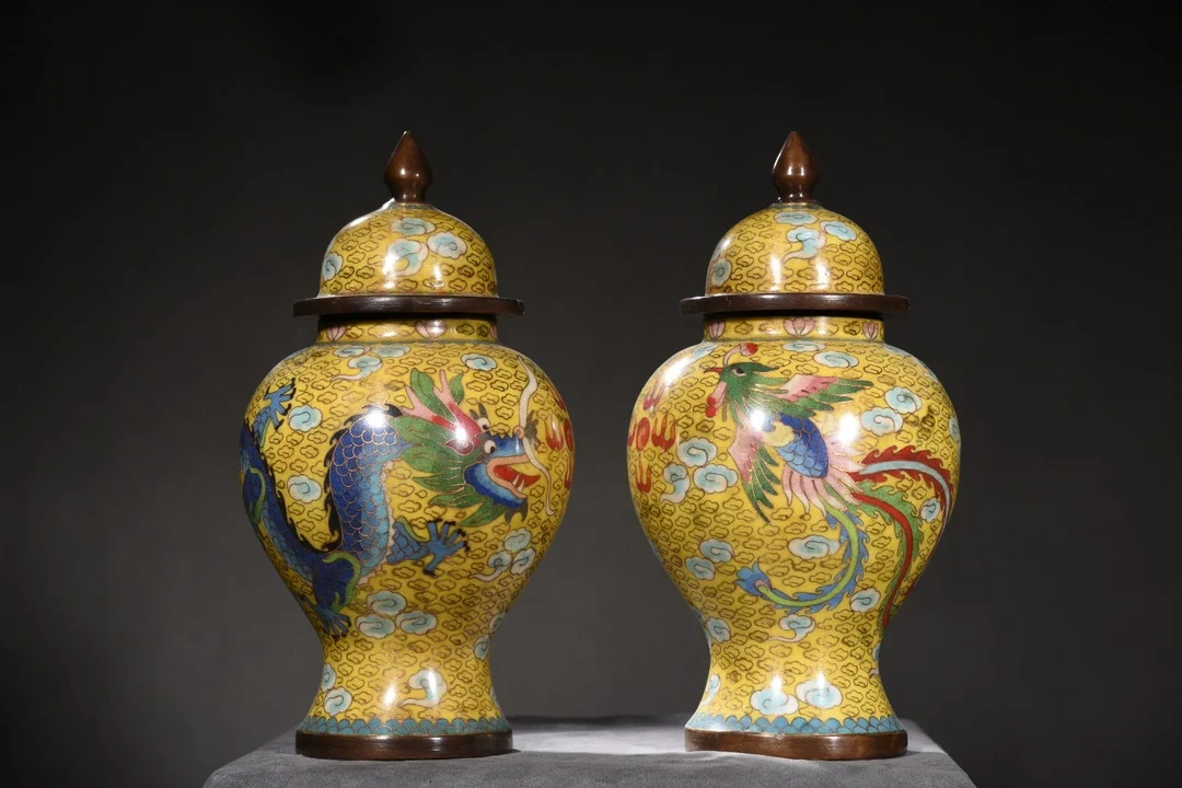 

11"Tibetan Temple Collection Old Bronze Cloisonne Enamel Dragon Phoenix Texture General tan Storage Jar A Pair Town House