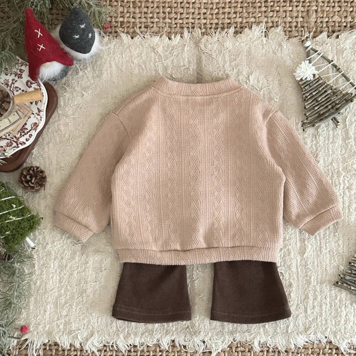 신상 패션 의류  봄 가을 3D 작은 꽃 가디건+바지  소녀 캐주얼 단색 세트