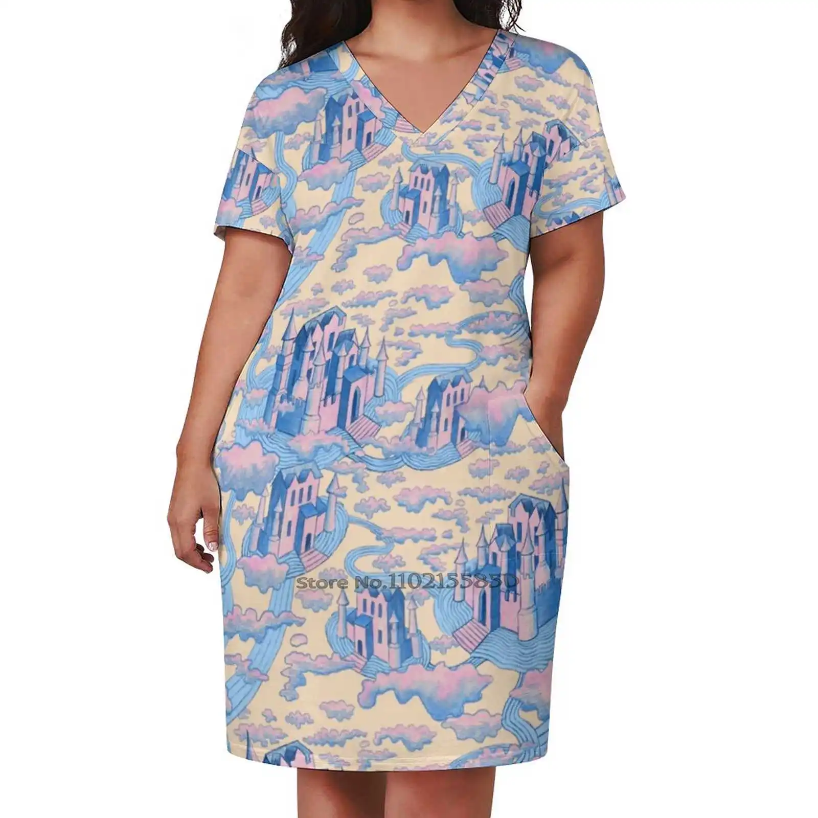 Cloud Castle Abito Tascabile Allentato Stampa Abiti Manica Corta Abito Con Scollo A V 5Xl Pattern Castle Fantasy Rivers Stream Clouds Sky