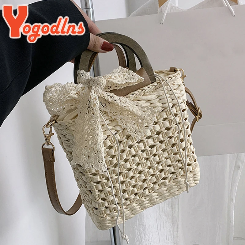 Straw Bag Women Hand-Woven Handbag Small square bag Shape Lace Bow Rattan Capacity Casual Beach Shoulder Crossbody Bag